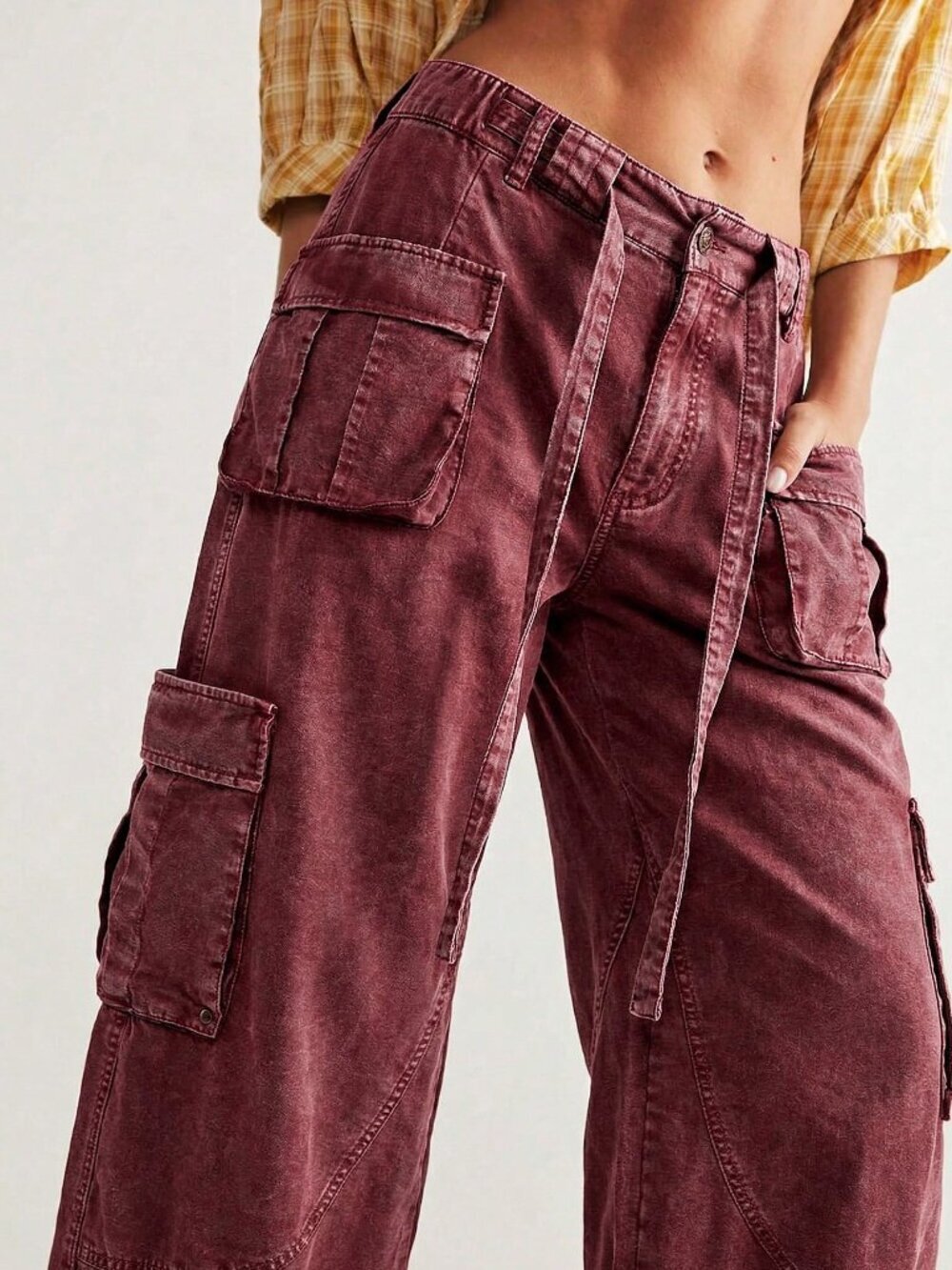 Burgundy Casual Women's Woven Loose Drawstring Waist Low-Rise Wide Leg Pants - Picture 3 of 10